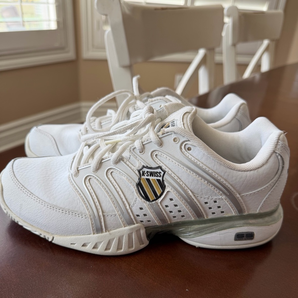 K-Swiss White Sneakers with Gold Shield Accent